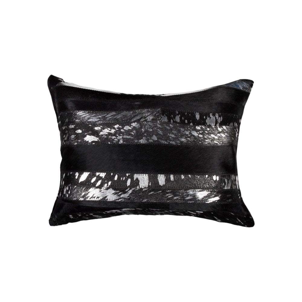 Set of Two 12" X 20" Black and Silver Striped Cowhide Lumbar Throw Pillows with Glitter