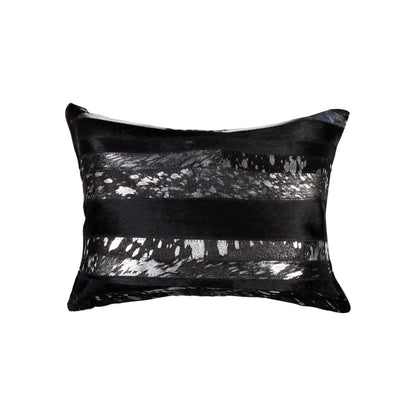 Set of Two 12" X 20" Black and Silver Striped Cowhide Lumbar Throw Pillows with Glitter