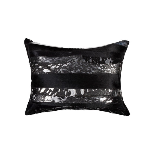 Set of Two 12" X 20" Black and Silver Striped Cowhide Lumbar Throw Pillows with Glitter
