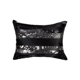 Set of Two 12" X 20" Black and Silver Striped Cowhide Lumbar Throw Pillows with Glitter