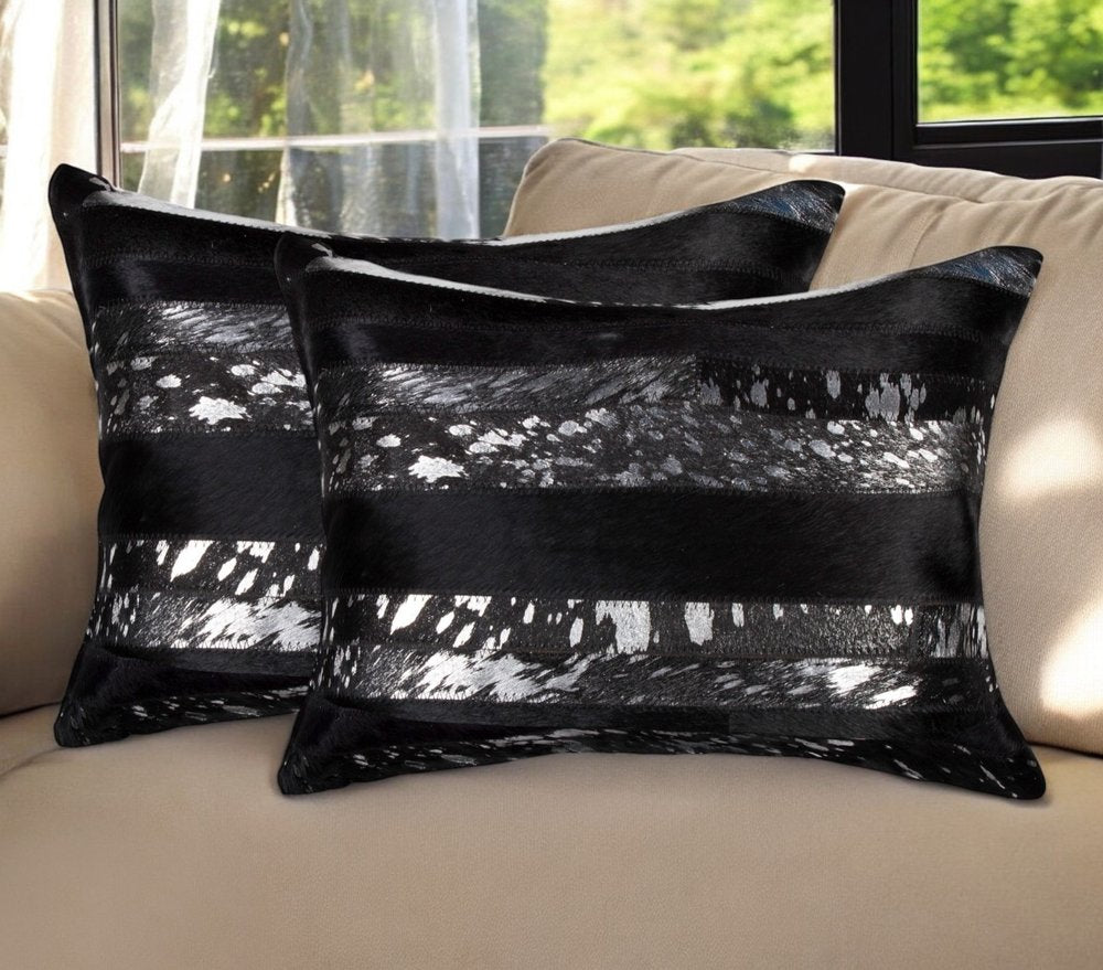 Set of Two 12" X 20" Black and Silver Striped Cowhide Lumbar Throw Pillows with Glitter