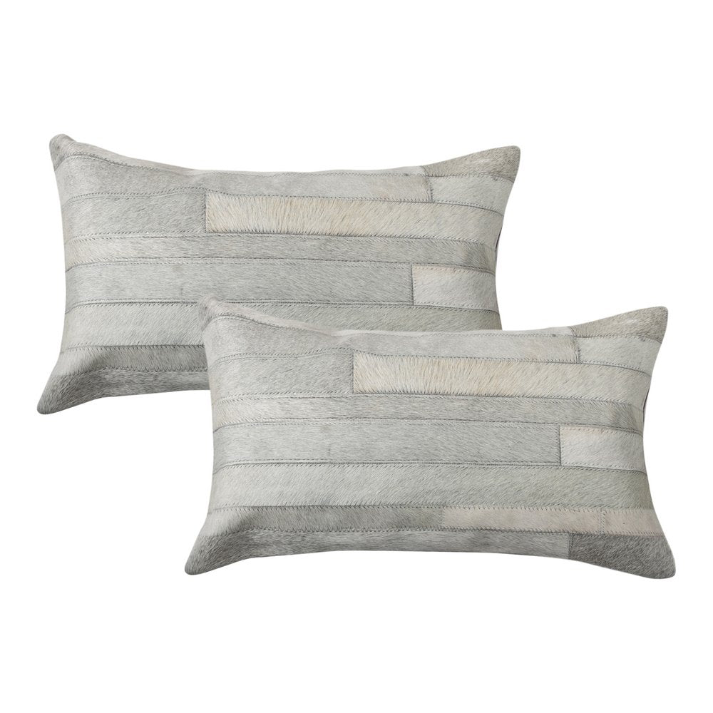 Set of Two 12" X 20" Gray Patchwork Cowhide Lumbar Throw Pillows