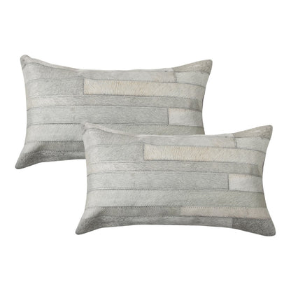 Set of Two 12" X 20" Gray Patchwork Cowhide Lumbar Throw Pillows