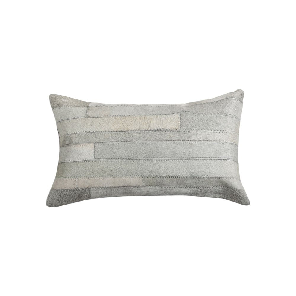 Set of Two 12" X 20" Gray Patchwork Cowhide Lumbar Throw Pillows