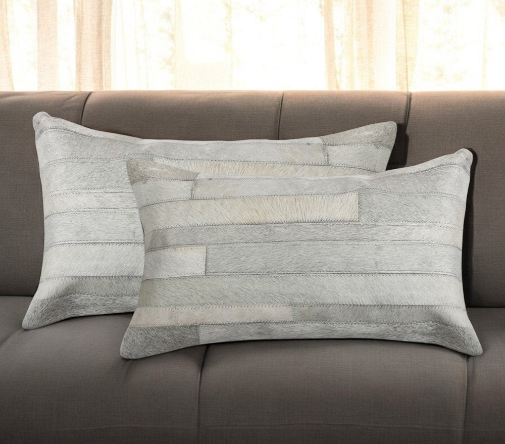 Set of Two 12" X 20" Gray Patchwork Cowhide Lumbar Throw Pillows
