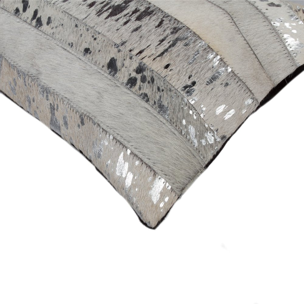Set of Two 12" X 20" Gray and Silver Striped Cowhide Lumbar Throw Pillows with Glitter