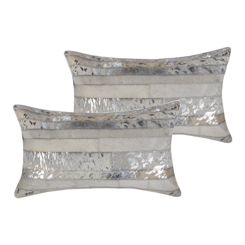 Set of Two 12" X 20" Gray and Silver Striped Cowhide Lumbar Throw Pillows with Glitter