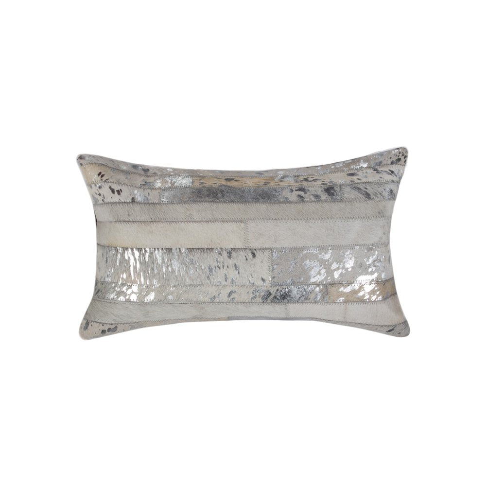 Set of Two 12" X 20" Gray and Silver Striped Cowhide Lumbar Throw Pillows with Glitter
