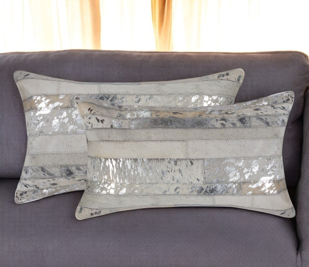 Set of Two 12" X 20" Gray and Silver Striped Cowhide Lumbar Throw Pillows with Glitter