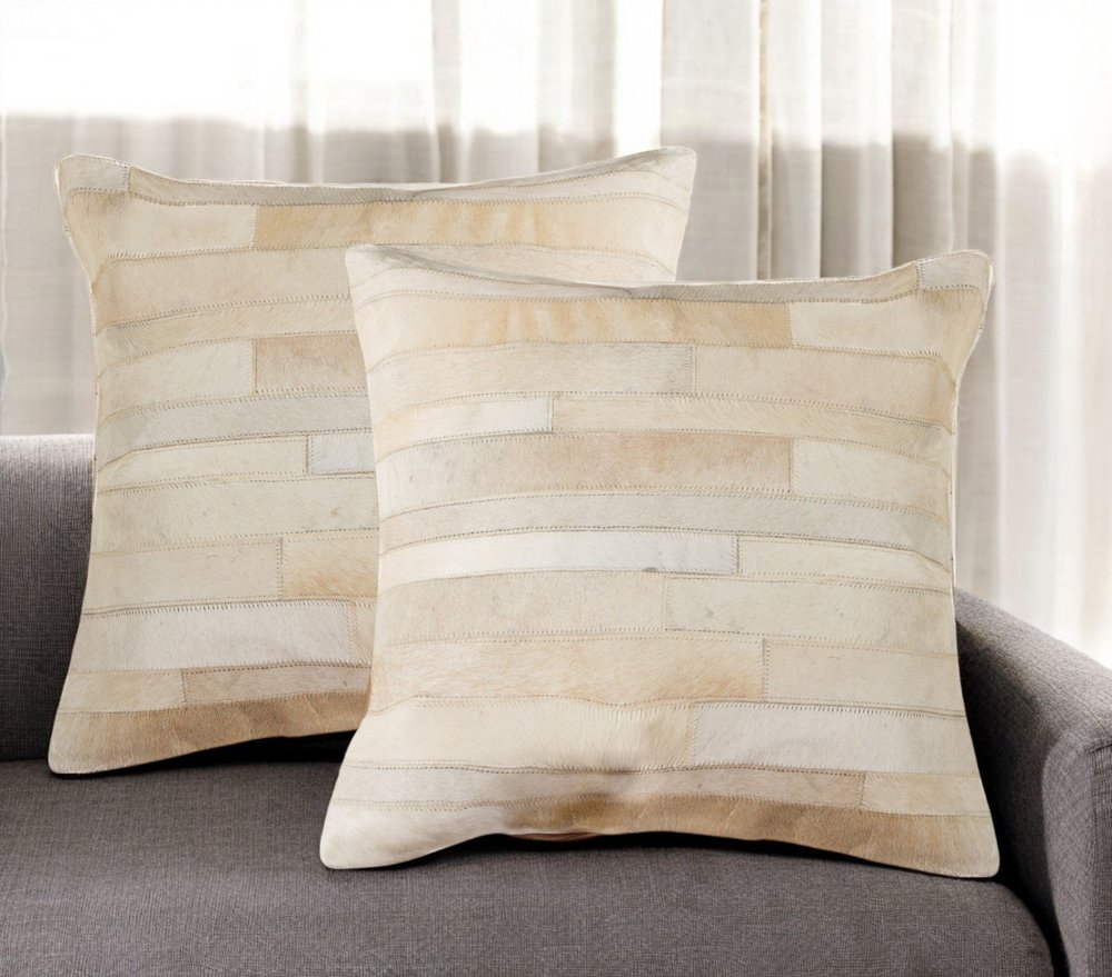 Set of Two 18" Natural Patchwork Cowhide Throw Pillows