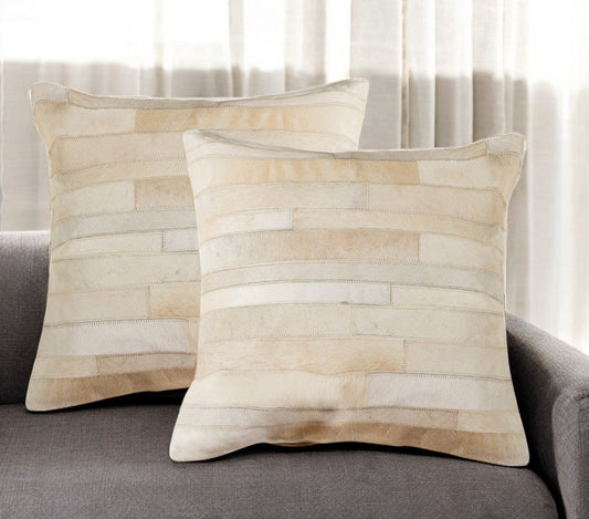 Set of Two 18" Natural Patchwork Cowhide Throw Pillows