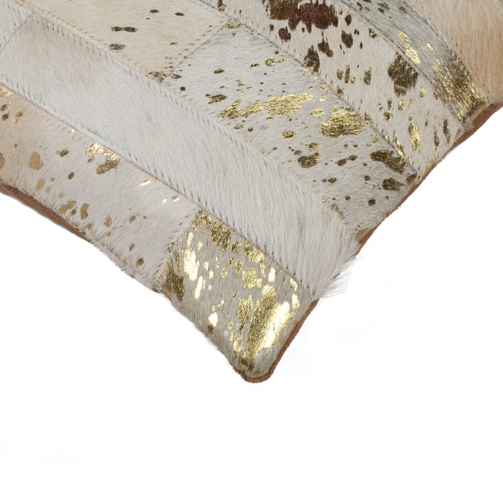 Set of Two 12" X 20" Natural and Gold Patchwork Cowhide Lumbar Throw Pillows with Glitter