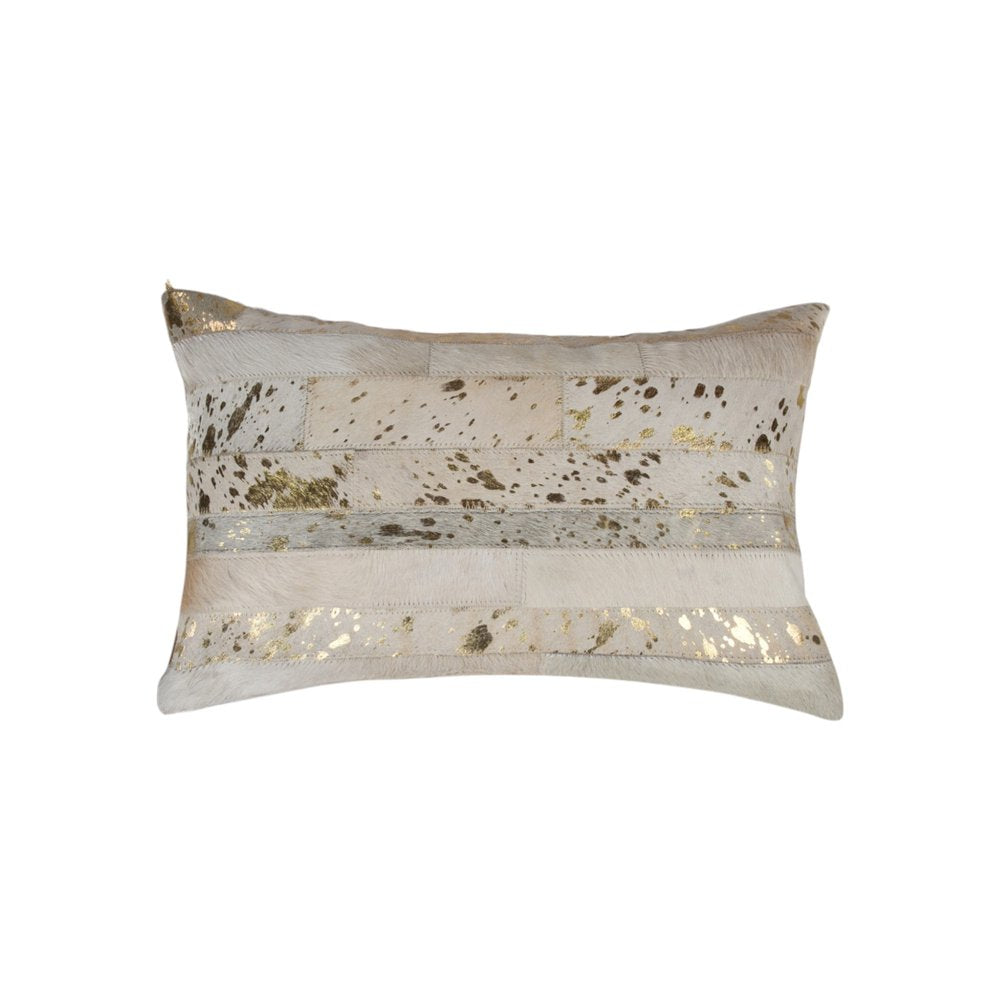 Set of Two 12" X 20" Natural and Gold Patchwork Cowhide Lumbar Throw Pillows with Glitter