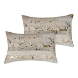 Set of Two 12" X 20" Natural and Gold Patchwork Cowhide Lumbar Throw Pillows with Glitter