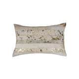 Set of Two 12" X 20" Natural and Gold Patchwork Cowhide Lumbar Throw Pillows with Glitter