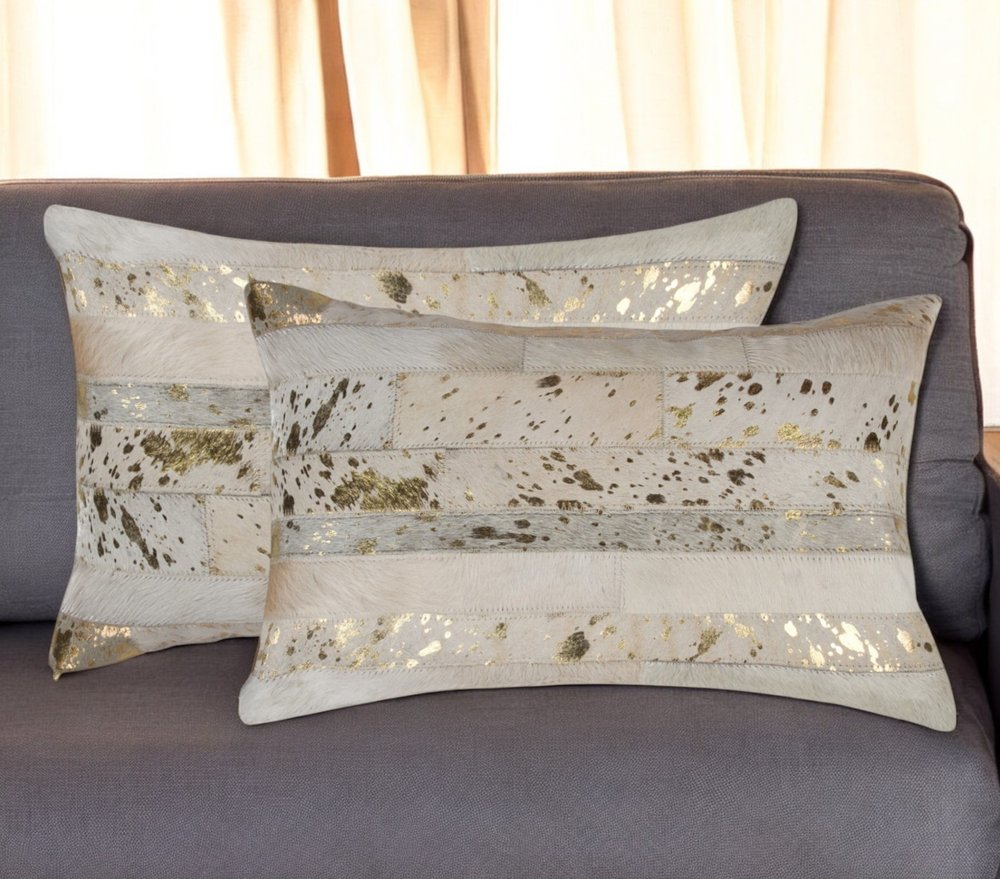 Set of Two 12" X 20" Natural and Gold Patchwork Cowhide Lumbar Throw Pillows with Glitter