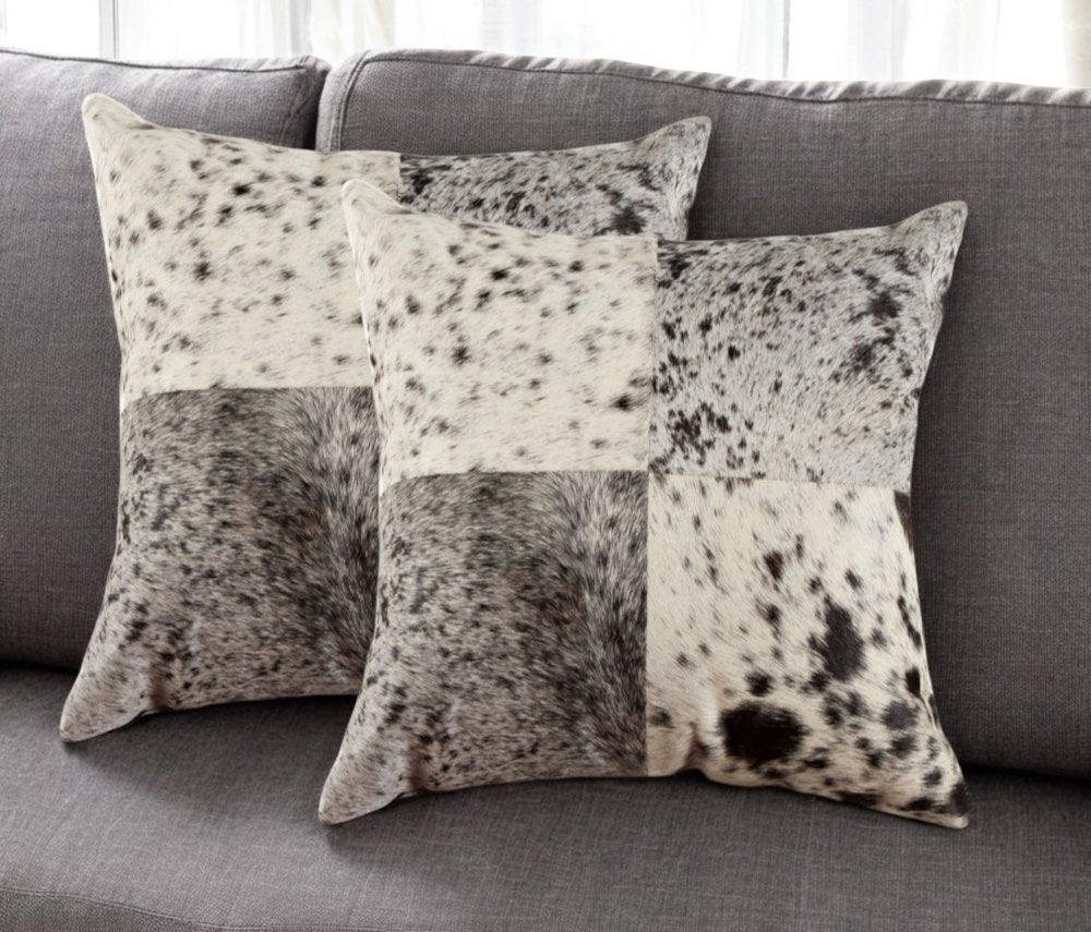 Set of Two 18" Black and White Cowhide Throw Pillows
