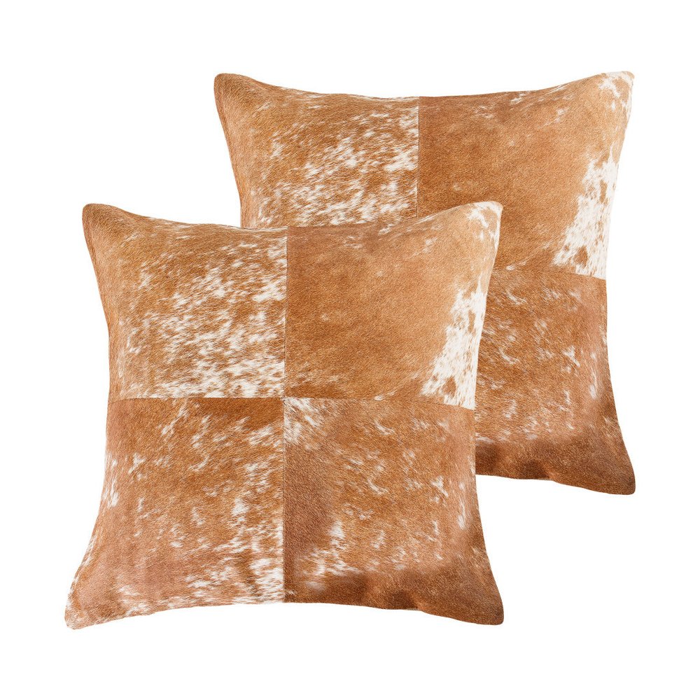 Set of Two 18" Brown and White Cowhide Cowhide Throw Pillows