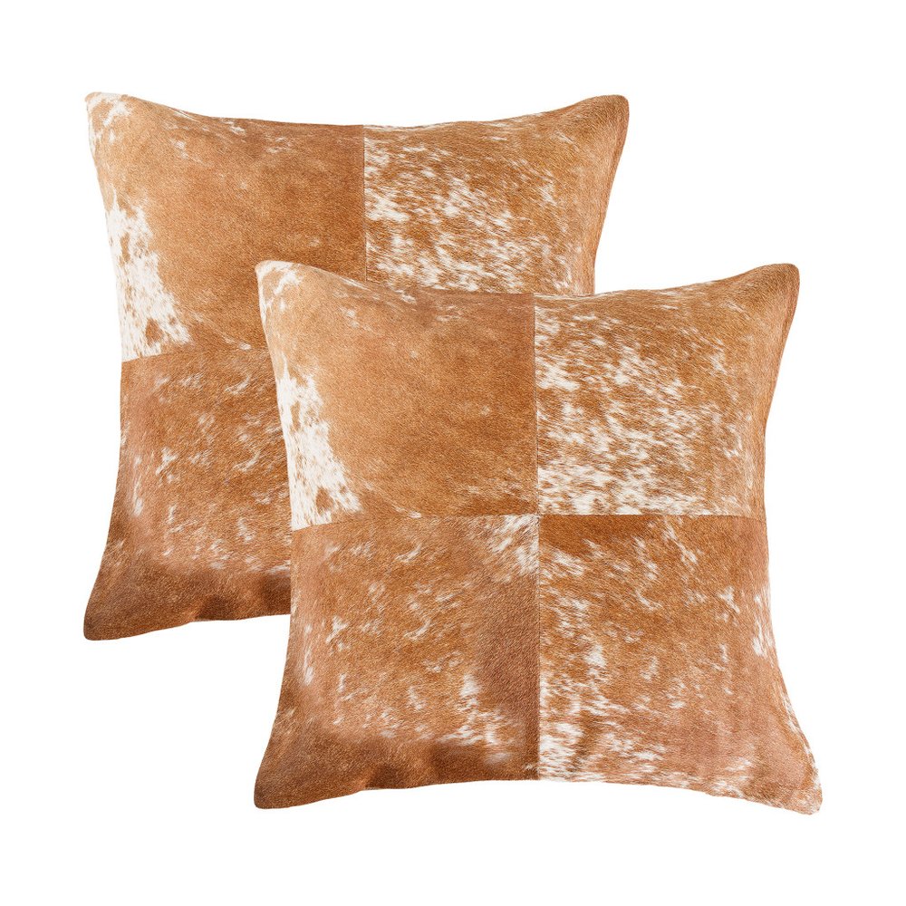 Set of Two 18" Brown and White Cowhide Cowhide Throw Pillows
