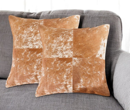 Set of Two 18" Brown and White Cowhide Cowhide Throw Pillows