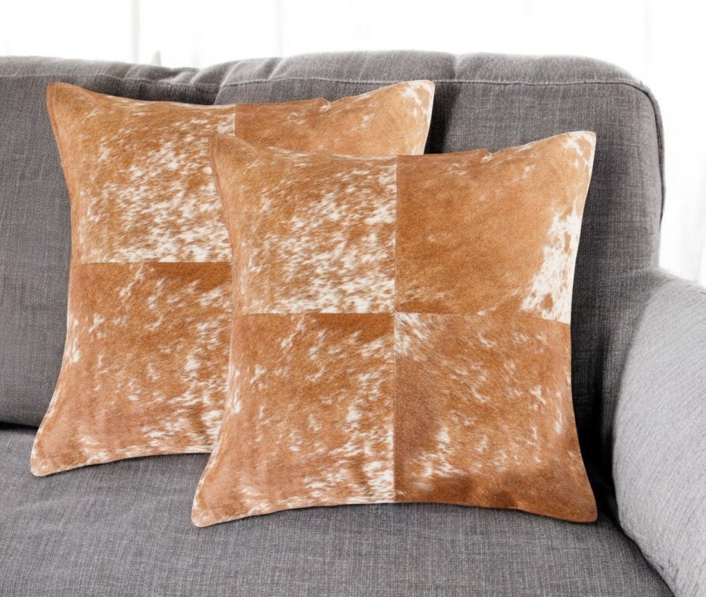 Set of Two 18" Brown and White Cowhide Cowhide Throw Pillows