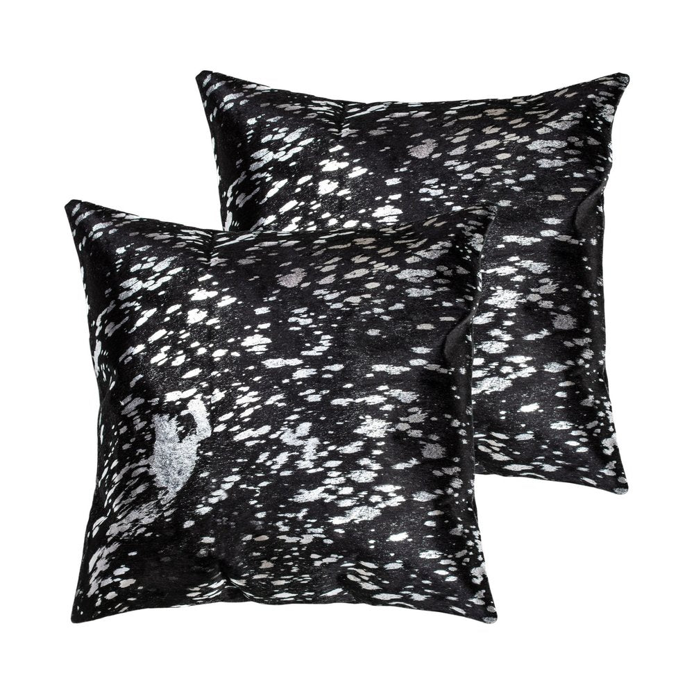 Set of Two 18" Black and Silver Abstract Cowhide Throw Pillows with Glitter