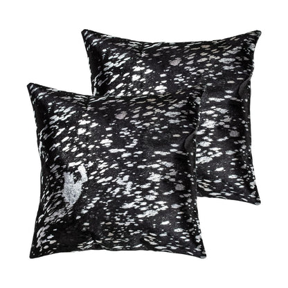 Set of Two 18" Black and Silver Abstract Cowhide Throw Pillows with Glitter