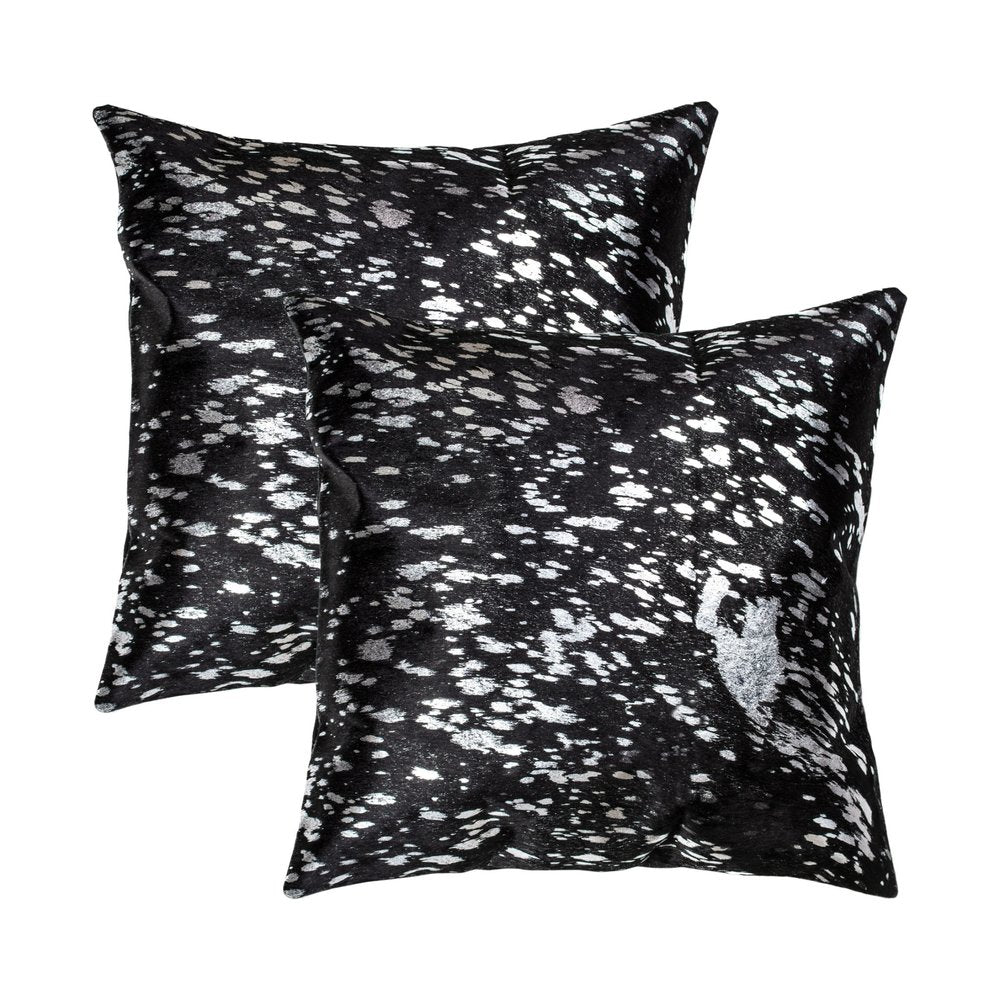 Set of Two 18" Black and Silver Abstract Cowhide Throw Pillows with Glitter