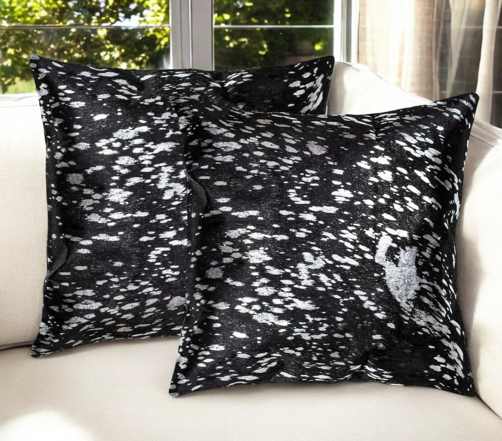 Set of Two 18" Black and Silver Abstract Cowhide Throw Pillows with Glitter