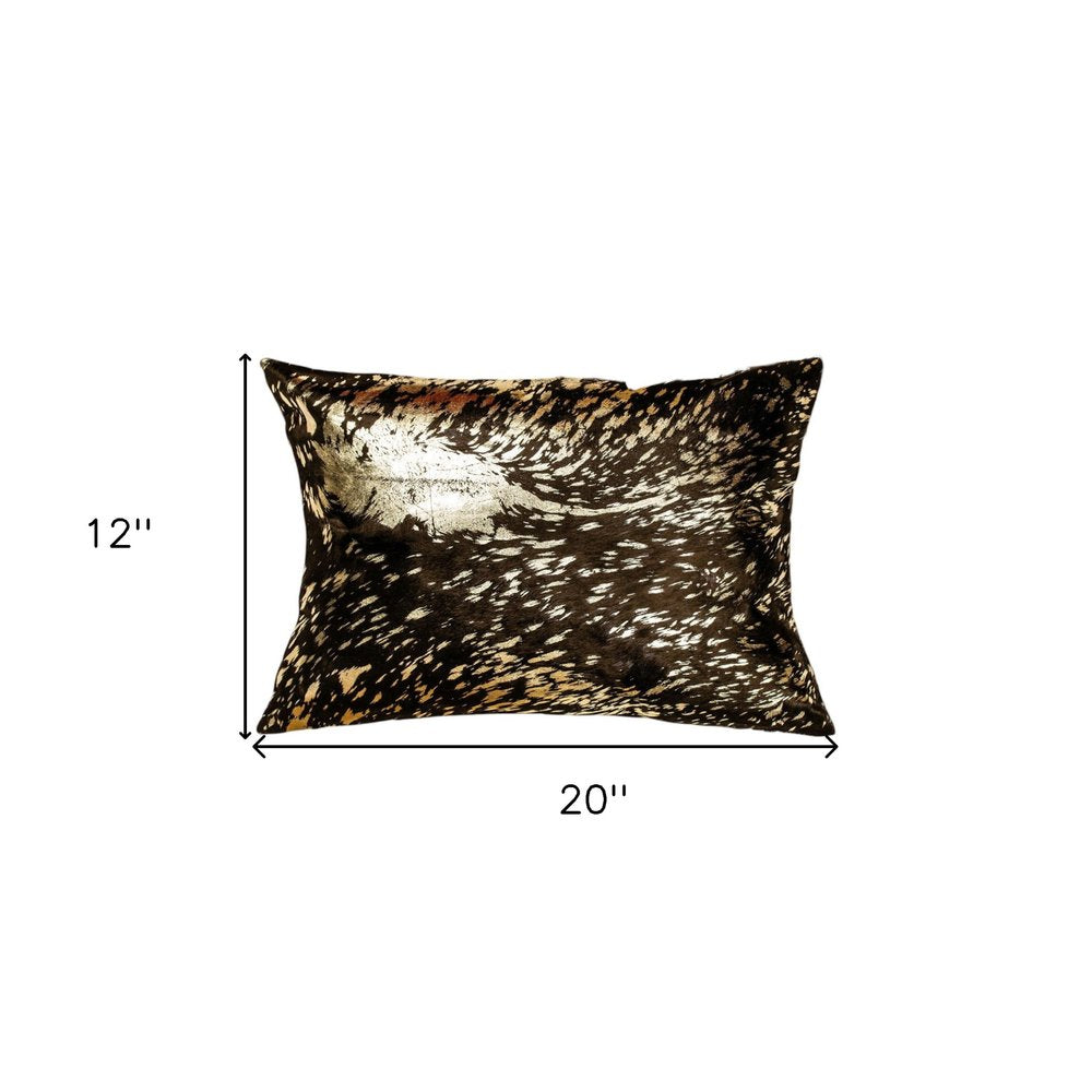 Set of Two 12" X 20" Chocolate and Gold Abstract Cowhide Lumbar Throw Pillows with Glitter