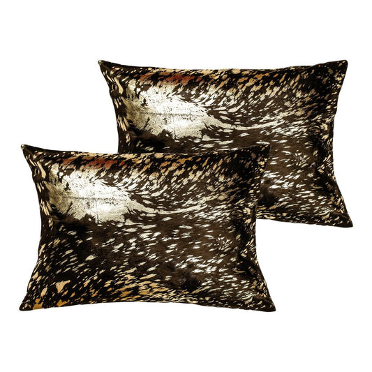 Set of Two 12" X 20" Chocolate and Gold Abstract Cowhide Lumbar Throw Pillows with Glitter