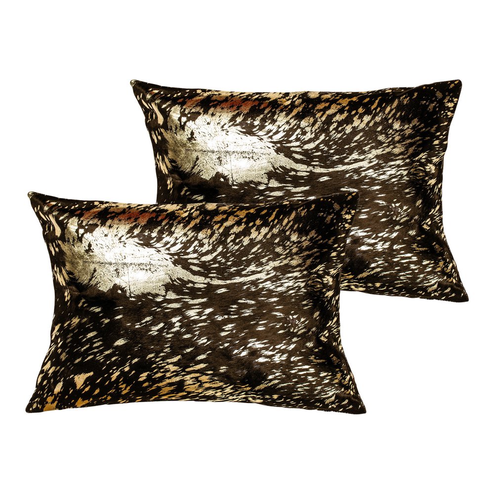 Set of Two 12" X 20" Chocolate and Gold Abstract Cowhide Lumbar Throw Pillows with Glitter