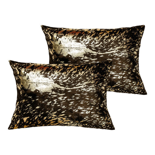 Set of Two 12" X 20" Chocolate and Gold Abstract Cowhide Lumbar Throw Pillows with Glitter