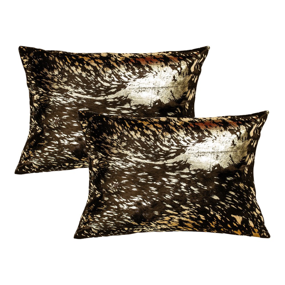 Set of Two 12" X 20" Chocolate and Gold Abstract Cowhide Lumbar Throw Pillows with Glitter
