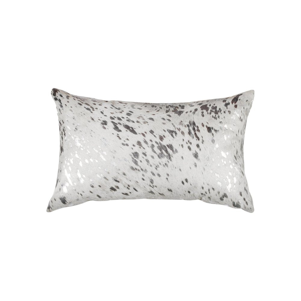 Set of Two 12" X 20" Gray and Silver Abstract Cowhide Lumbar Throw Pillows with Glitter