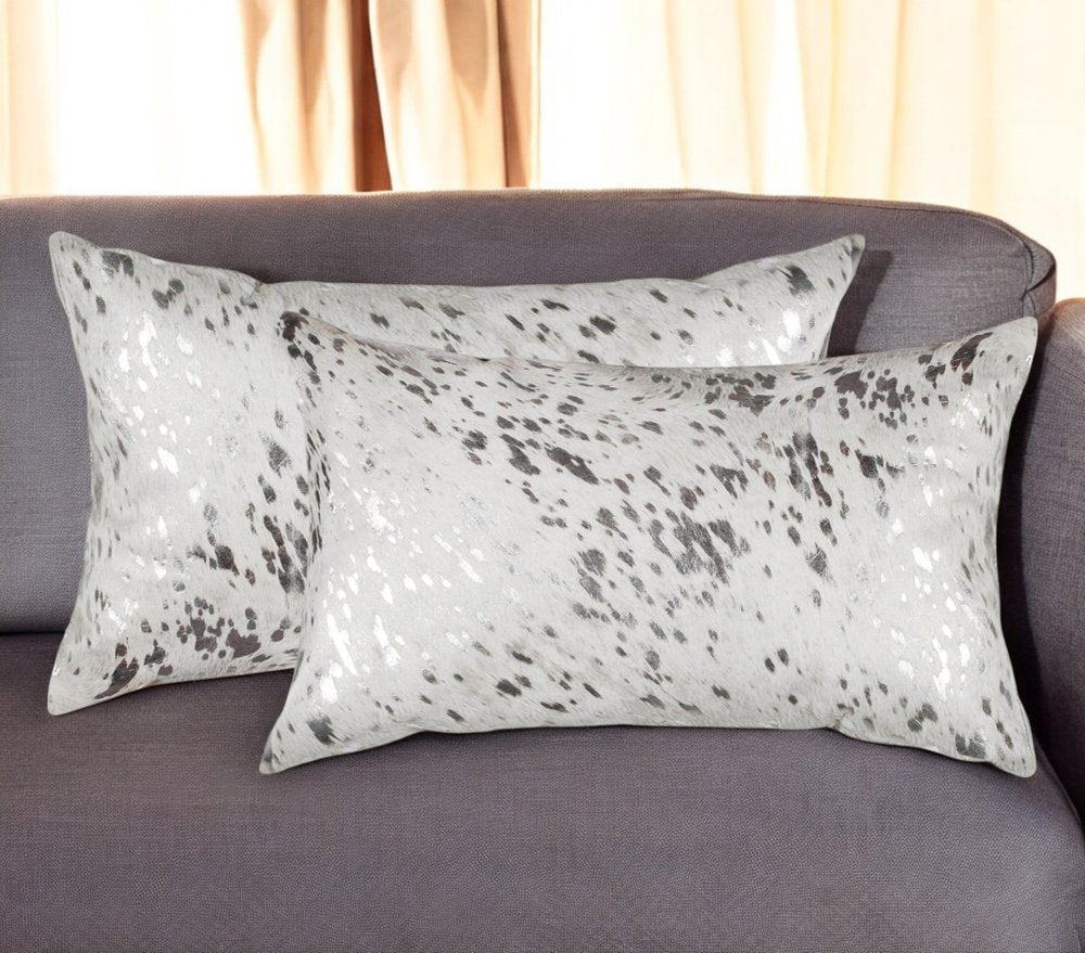 Set of Two 12" X 20" Gray and Silver Abstract Cowhide Lumbar Throw Pillows with Glitter