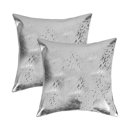 Set of Two 18" Gray and Silver Abstract Cowhide Throw Pillows with Glitter