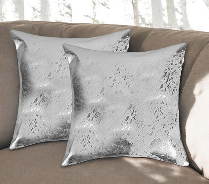 Set of Two 18" Gray and Silver Abstract Cowhide Throw Pillows with Glitter