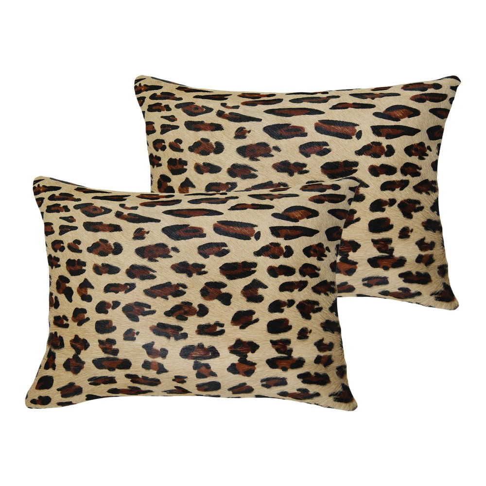 Set of Two 12" X 20" Brown and Black Leopard Cowhide Lumbar Throw Pillows