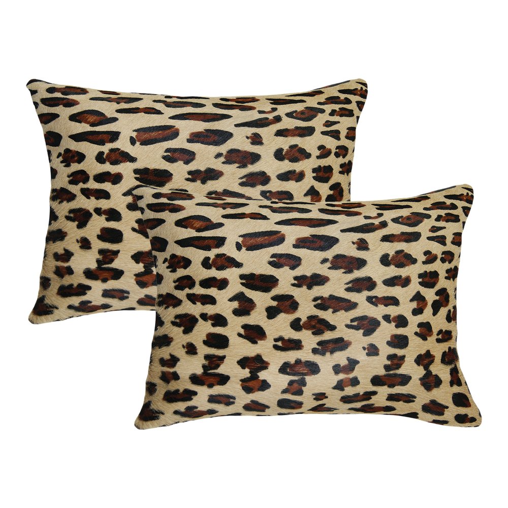 Set of Two 12" X 20" Brown and Black Leopard Cowhide Lumbar Throw Pillows