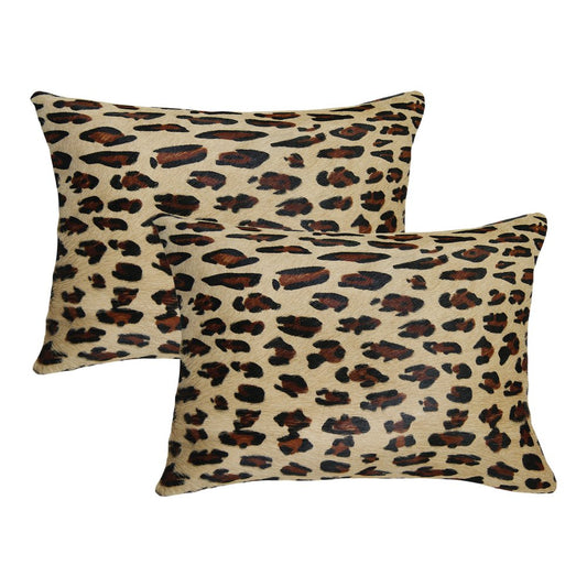 Set of Two 12" X 20" Brown and Black Leopard Cowhide Lumbar Throw Pillows