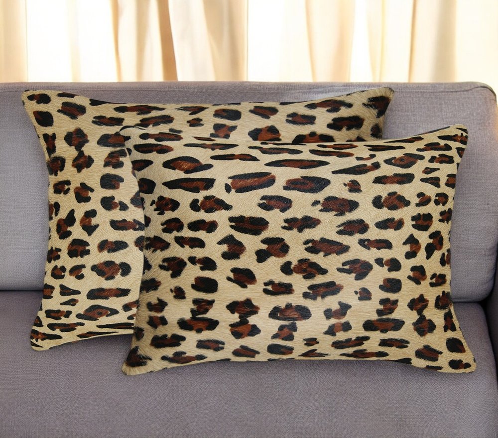 Set of Two 12" X 20" Brown and Black Leopard Cowhide Lumbar Throw Pillows
