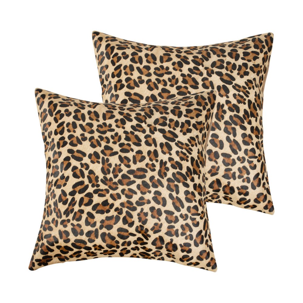 Set of Two 18" Brown and Black Leopard Cowhide Throw Pillows
