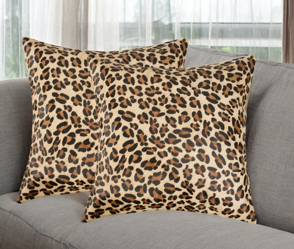 Set of Two 18" Brown and Black Leopard Cowhide Throw Pillows