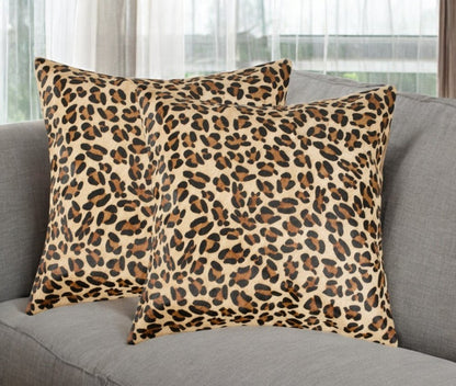 Set of Two 18" Brown and Black Leopard Cowhide Throw Pillows