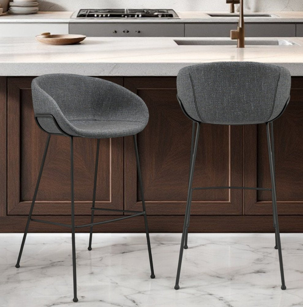 Set of Two 30" Gray and Black Fabric and Steel Low Back Bar Height Bar Chairs