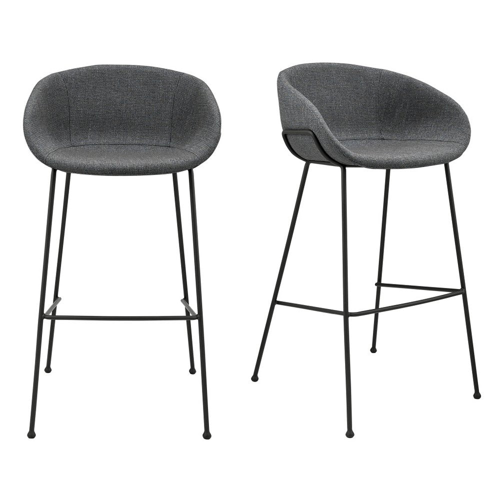 Set of Two 30" Gray and Black Fabric and Steel Low Back Bar Height Bar Chairs
