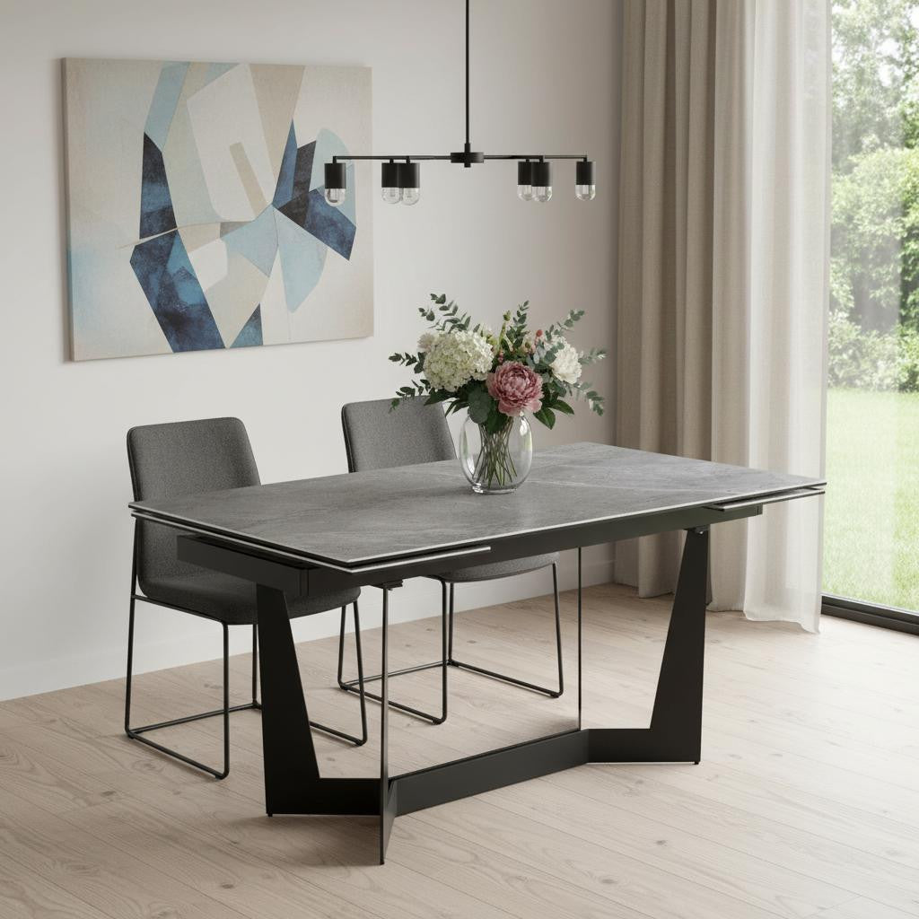 94" Gray And Black Ceramic And Steel Trestle Base Dining Table