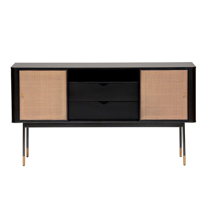 59" Black And Natural Wood Two Drawer Sideboard with Two Sliding Doors