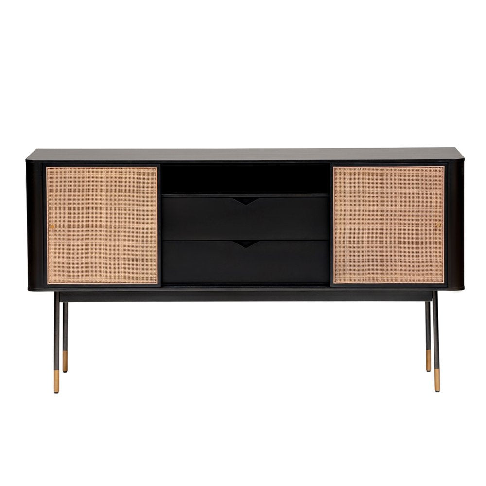 59" Black And Natural Wood Two Drawer Sideboard with Two Sliding Doors